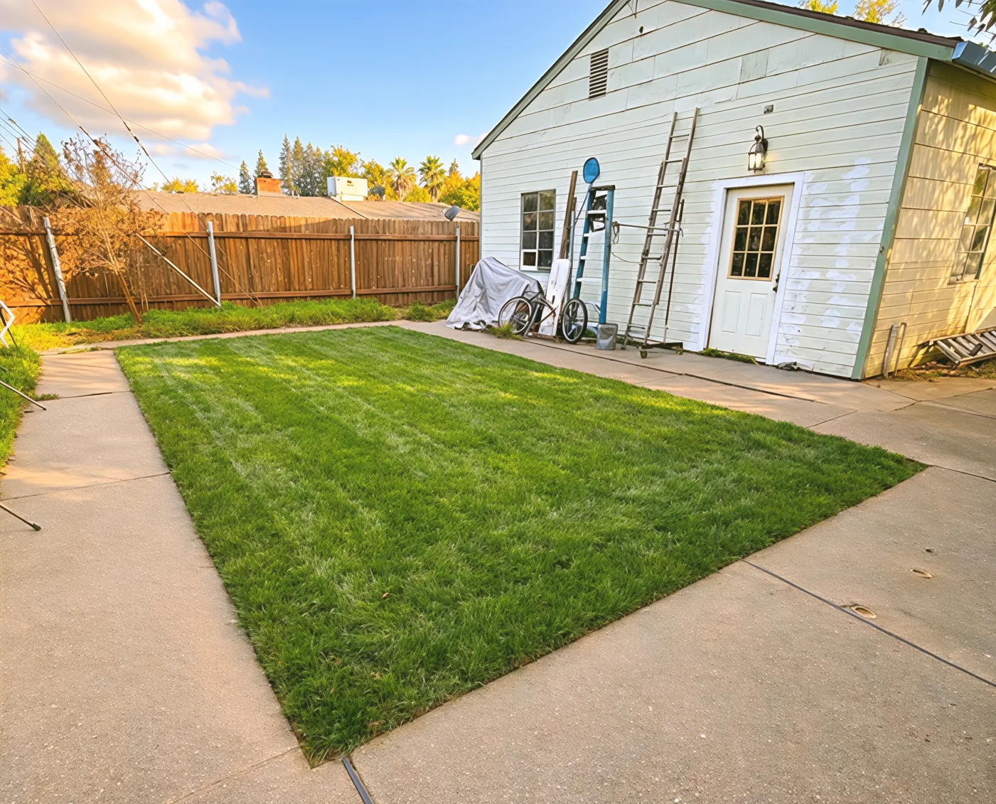 Same backyard after the pool was removed and lawn restored